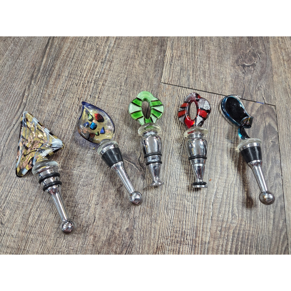 Hand- Blow Glass Art Colored Wine Bottle Stoppers Silver Metal Lot of 5